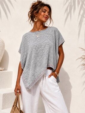 Handmade Boho Draped Poncho Top Gray Hand Stitched Asymmetrical Lagenlook M-XL